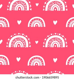 Cute pink seamless pattern with Scandinavian rainbows and hearts for kid clothing, baby shower, Valentine's day, scrapbooking. - Shutterstock ID 1906659895