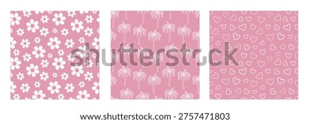Cute pink seamless pattern set with flowers, palm trees and hearts. Girly summer background