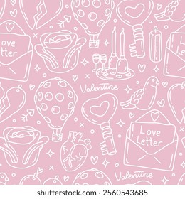 Cute pink seamless pattern for Valentine s Day with hearts, love letters, balloons, romantic dinner and key. Vector hand drawn doodle illustration. Perfect for holiday print, decorations, wrapping.