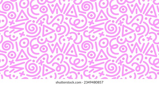 Cute pink seamless pattern with various lines and shapes. Repeating patterns in 90s style for wrapping paper, design. Vector stock illustration isolated on white background.
