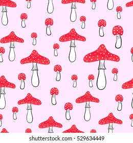 Cute pink seamless pattern with watercolor mushrooms. Fly agaric vector background.