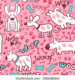 Cute pink seamless pattern with white dogs, puppies doodle childish style.  Funny pets, animals isolated on pink. Kids baby girl vector print. For textile or paper design. Bones, hearts, paws, woof.