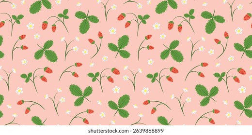 Cute pink seamless pattern with wild strawberries, leaves and flowers. Natural summer background with garden or forest berries. Perfect for kids clothes, giftware, womenswear, wrapping paper, etc.