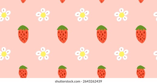 Cute pink seamless pattern with wild strawberries and flowers. Natural summer background with garden or forest berries. Perfect for kids clothes, giftware, womenswear, wrapping paper, etc.