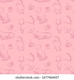 Cute pink seamless patterns with doodle cats.