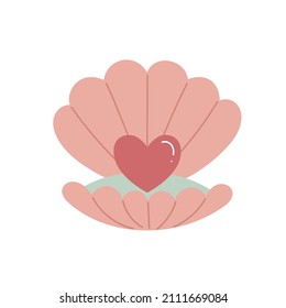 Cute pink seashell with a heart-shaped pearl, wild underwater animals, shellfish. Flat vector illustration isolated on white background.