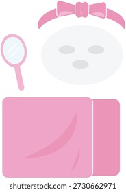 Cute pink self-care and skincare vector illustration featuring a facial sheet mask, headband with bow, hand mirror, and soft towel. Flat style design perfect for beauty routines, and spa themes