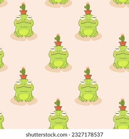 Cute pink semaless pattern - frog with the pot plant, cartoon print, vector element, kawaii, cactus, flat style, kid, child, baby, paper, textile, card, wrapping, relax, yoga