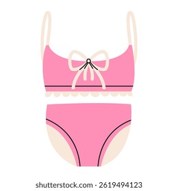 Cute pink separate swimsuit with bow. Summer womens clothing for swimming. Flat vector illustration isolated on white background.
