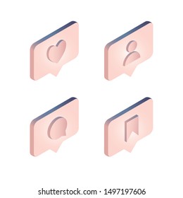 Cute pink set icons. Like icon, Comment icon, subscription icon, save icon. 3D icons for social networks. Phone application. App logo for social media 