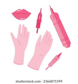 Juego de tatuajes rosados con ilustraciones de maquillaje permanente, máquina de tatuajes, cartuchos, labios. Ilustración vectorial aislada dibujada por mano