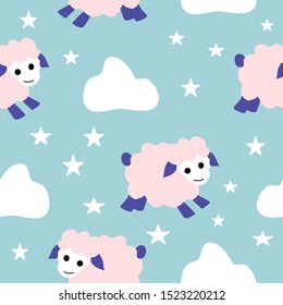 Cute pink sheep, clouds and stars in a seamless pattern 
