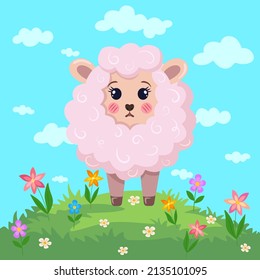 Cute pink sheep on the grass, colorful flowers, chamomiles, clouds and sky. Spring isolated illustration. Suitable for postcard, book cover.