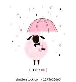 cute pink sheep with umbrella, nursery illustration, t-shirt print for girls