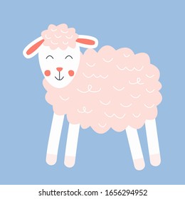 Cute pink sheep. Vector kids illustration. Nursery print for t-shirts, posters, room decor, greeting cards.