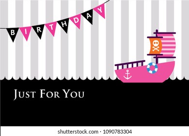 cute pink ship birthday greeting card vector. cute pink boat birthday greeting card vector.