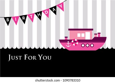 cute pink ship birthday greeting card vector. cute pink boat birthday greeting card vector.