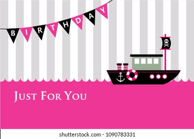 cute pink ship birthday greeting card vector. cute pink boat birthday greeting card vector.