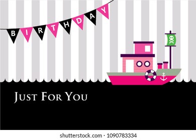 cute pink ship birthday greeting card vector. cute pink boat birthday greeting card vector.