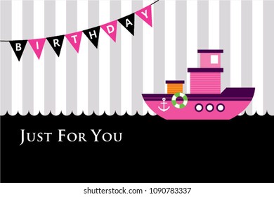 cute pink ship birthday greeting card vector. cute pink boat birthday greeting card vector.