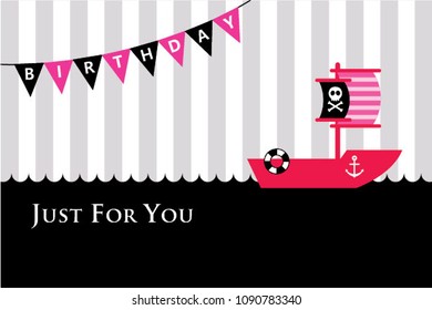 cute pink ship birthday greeting card vector. cute pink boat birthday greeting card vector.
