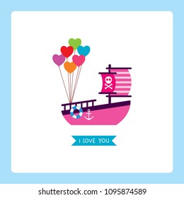 cute pink ship boat i love you card with balloon
