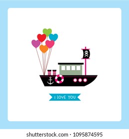 cute pink ship boat i love you card with balloon

