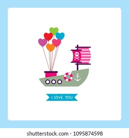 cute pink ship boat i love you card with balloon
