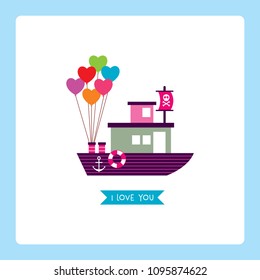 cute pink ship boat i love you card with balloon
