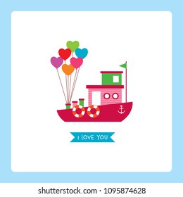 cute pink ship boat i love you card with balloon
