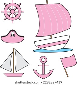 Cute pink ship cartoon sticker vector illustration design. Pink pirate stuff for little girls. Ideas to celebrate Talk Like a Pirate Day especially for cute little girls.