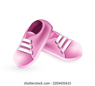 Cute pink shoes for newborn girl. Small snickers for little infant kid isolated on white background. Children clothes and costume for baby shower. Vector illustration