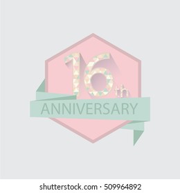 cute pink sixteenth anniversary logo with ribbon