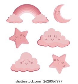 Cute pink sky elements with rainbow, moon, stars and clouds flat illustrations for baby shower, nursery decor or kids design