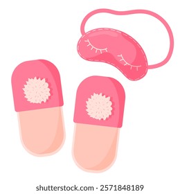 Cute pink sleep mask and home slippers. Flat Vector illustration. Eye accessory for sleeping, traveling. Isolated on white background.