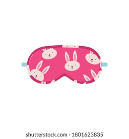 Cute pink sleep mask with a pattern of Bunny faces. Vector flat cartoon illustration isolated on white background.