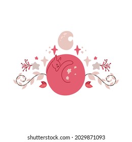 Cute pink sleeping cat with stars, moon and foliage on the branches. Delicate flat illustration of dreaming pet with floral pattern on a white background. Vector tender postcard with kitten and star