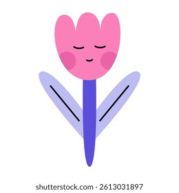 Cute pink sleeping flower. Flat vector illustration isolated on white background.