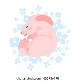 Cute pink sleeping rabbit with flowers. Vector illustration.