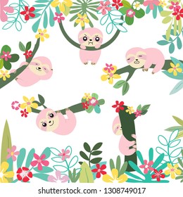 cute pink sloth family happy funny on branch in sweet forest cartoon.illustration vector comic art for any card.