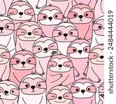 Cute pink sloth monkey cartoon seamless pattern