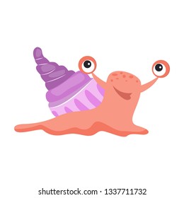 Cute pink slug with purple cochlea flat icon. Gastropod, underwater life, character book. Mollusk concept. Vector illustration can be used for topics like zoology, nature, fauna