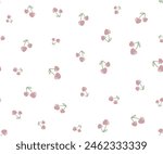 Cute pink small cherry with leaves and brunch. Seamless pattern for girl for dress, skirt, scarf, textile, fashion fabric print. Vector illustration
