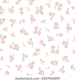 Cute pink small piones flowers with green leaves seamless pattern for girl, fashion fabric print. Vector illustration