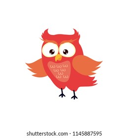 Cute pink smiling happy owl graphic design template. Tee print, shirt, embroidery, flat design for kids fashion textile. Animal concept vector illustration