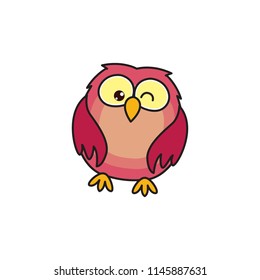 Cute pink smiling happy owl graphic design template. Tee print, shirt, embroidery, flat design for kids fashion textile. Animal concept vector illustration