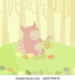 Cute pink smiling monster and mug of tea in autumn forest. Vector illustration.