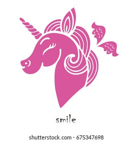 Cute pink smiling unicorn silhouette with wings. Isolated on white background. Vector.
