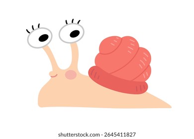 Cute pink snail character girl in a simple flat style. Fun and playful animal design for educational printables, decor, and nature activities. Isolated Vector Illustration