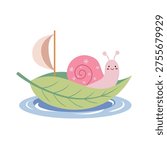 Cute pink snail sailing in leaf boat flat vector illustration for kids. Pastel flat vector illustration with a playful and gentle mood